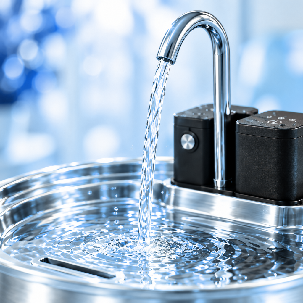 Chrome spout pouring water