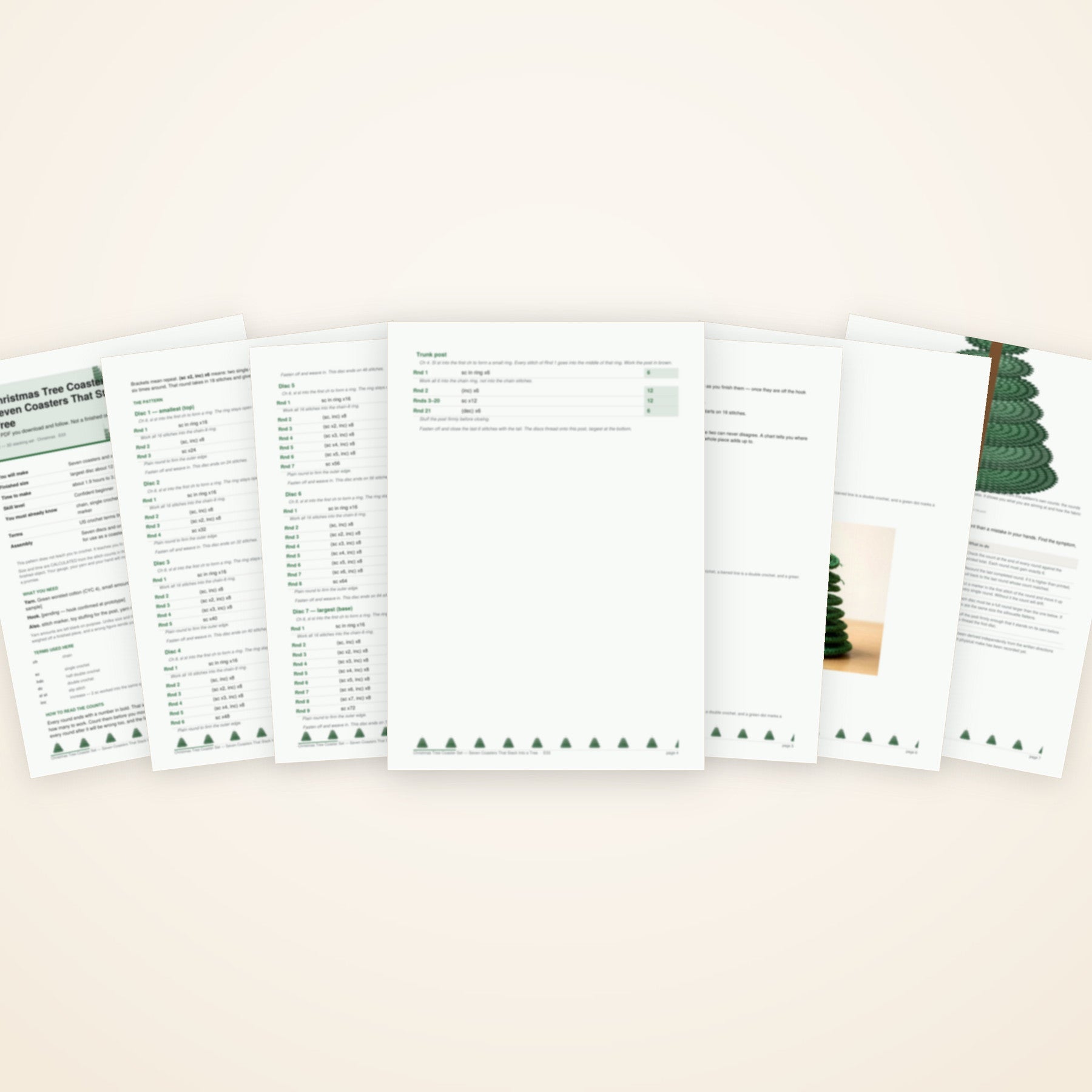 Christmas Tree Coaster Set — Seven Coasters That Stack Into a Tree — the pages included in the download