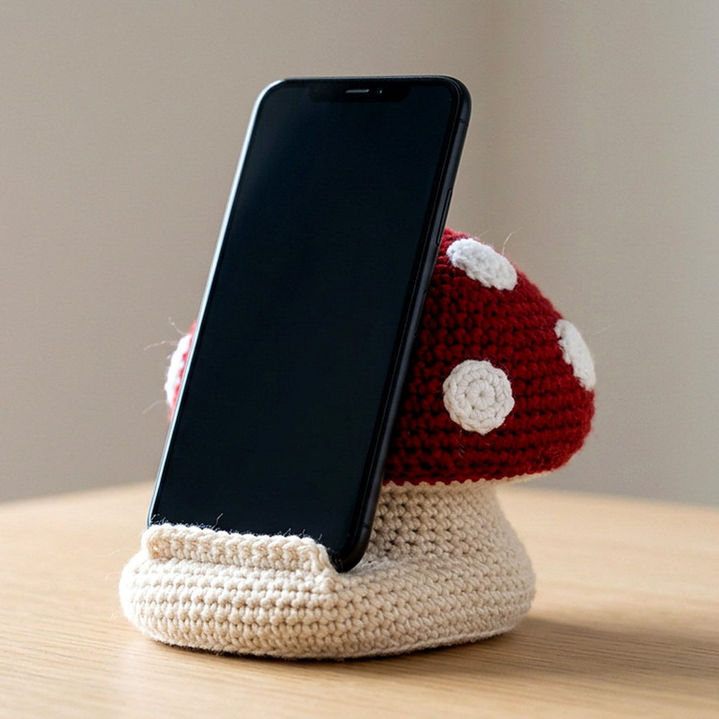 Toadstool Phone Stand — the finished object this pattern is designed to produce
