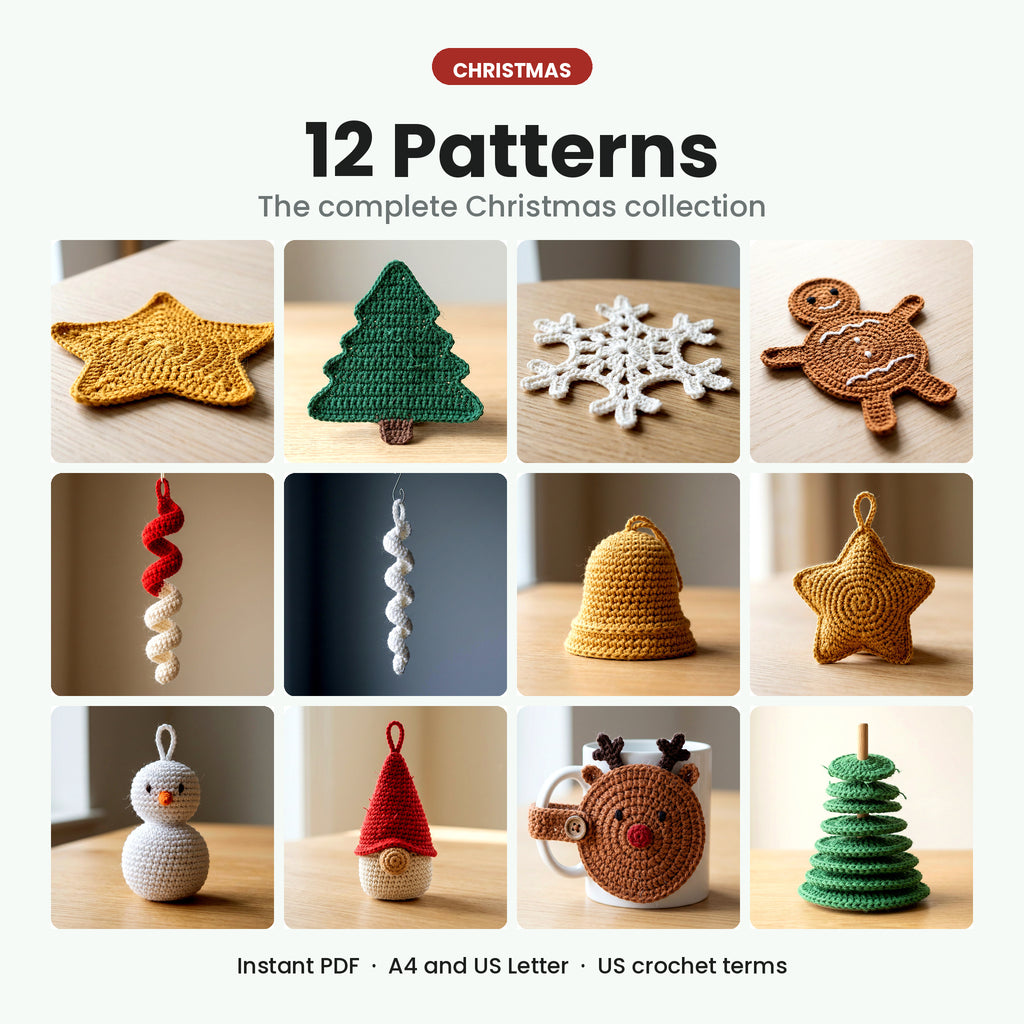 All twelve Kroche Christmas crochet patterns shown together — coasters, spiral ornaments, no-sew tree minis, a reindeer mug hugger and a stacking tree