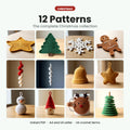 All twelve Kroche Christmas crochet patterns shown together — coasters, spiral ornaments, no-sew tree minis, a reindeer mug hugger and a stacking tree