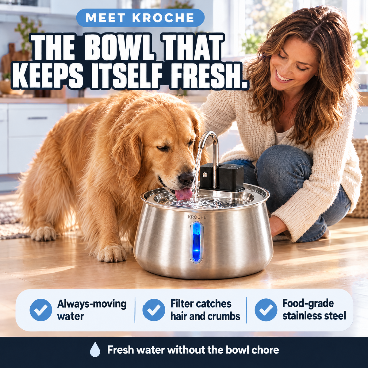 Golden retriever drinking from the KROCHE fountain