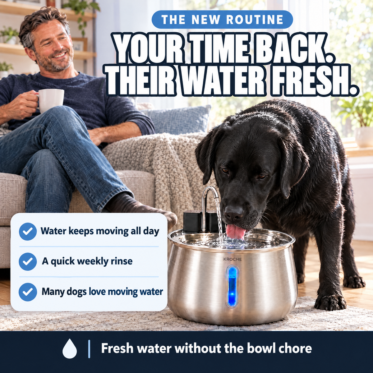Relaxed owner while his dog drinks fresh water