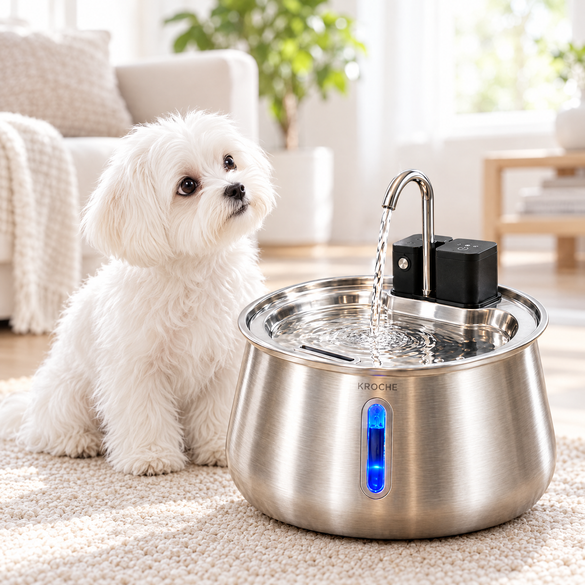 Puppy next to the KROCHE fountain