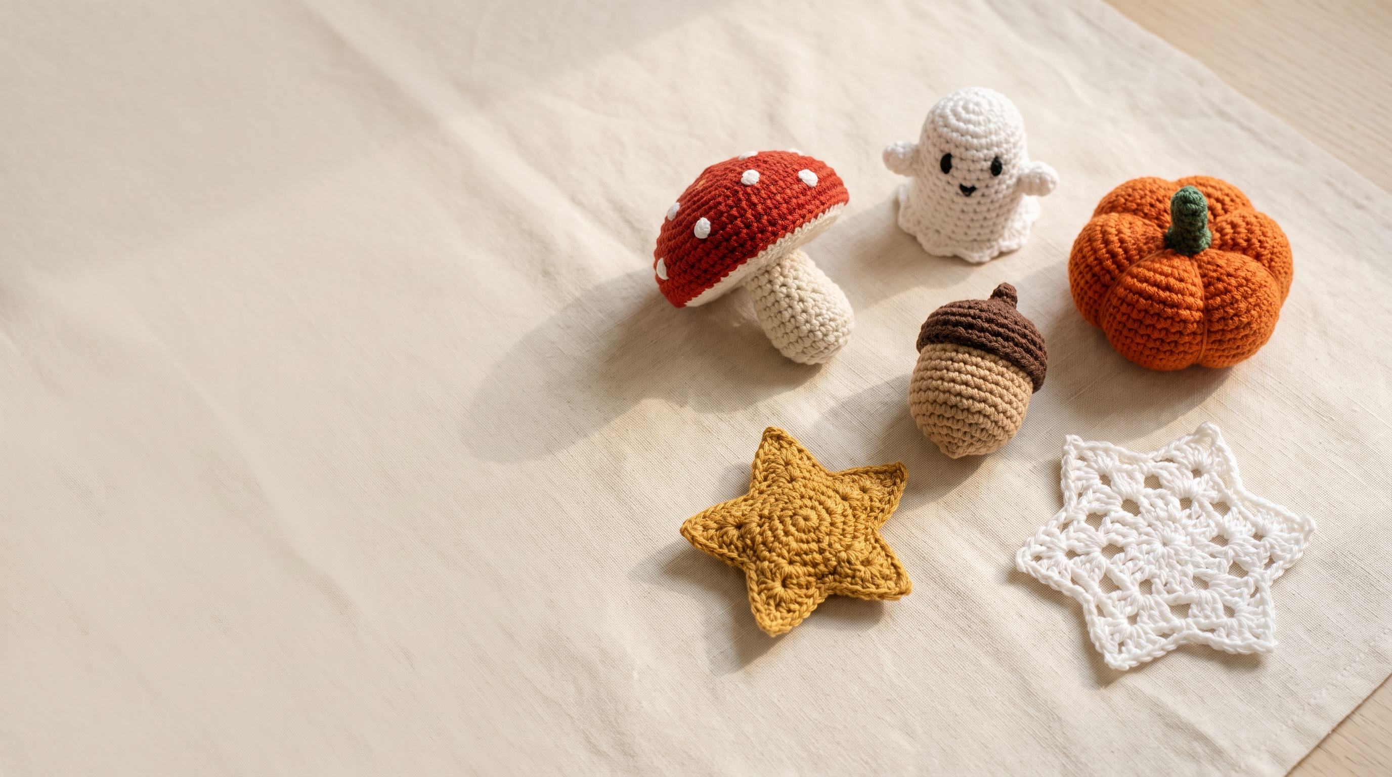 Crocheted seasonal pieces arranged on cream linen — the finished objects these patterns are designed to produce